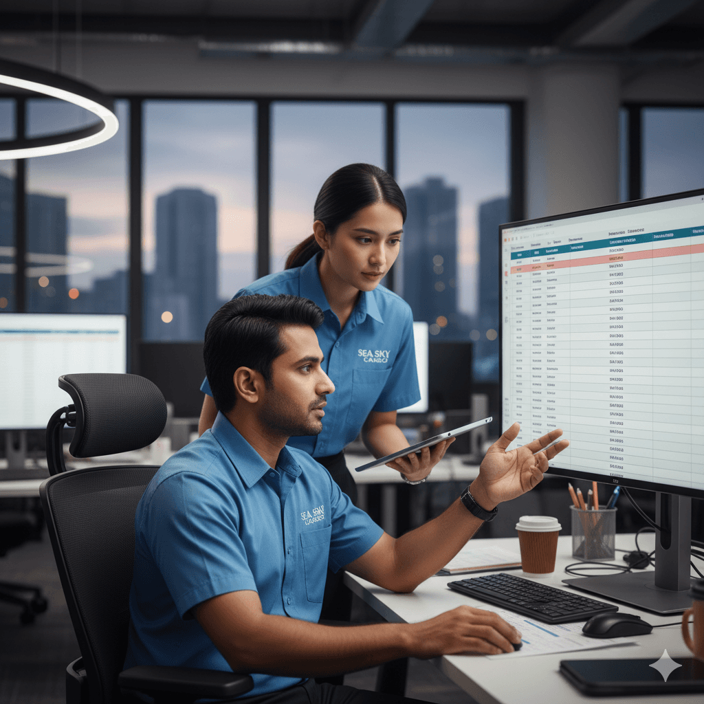 Sea Sky staff reviewing multiple carrier options to secure low but reliable cargo rates.