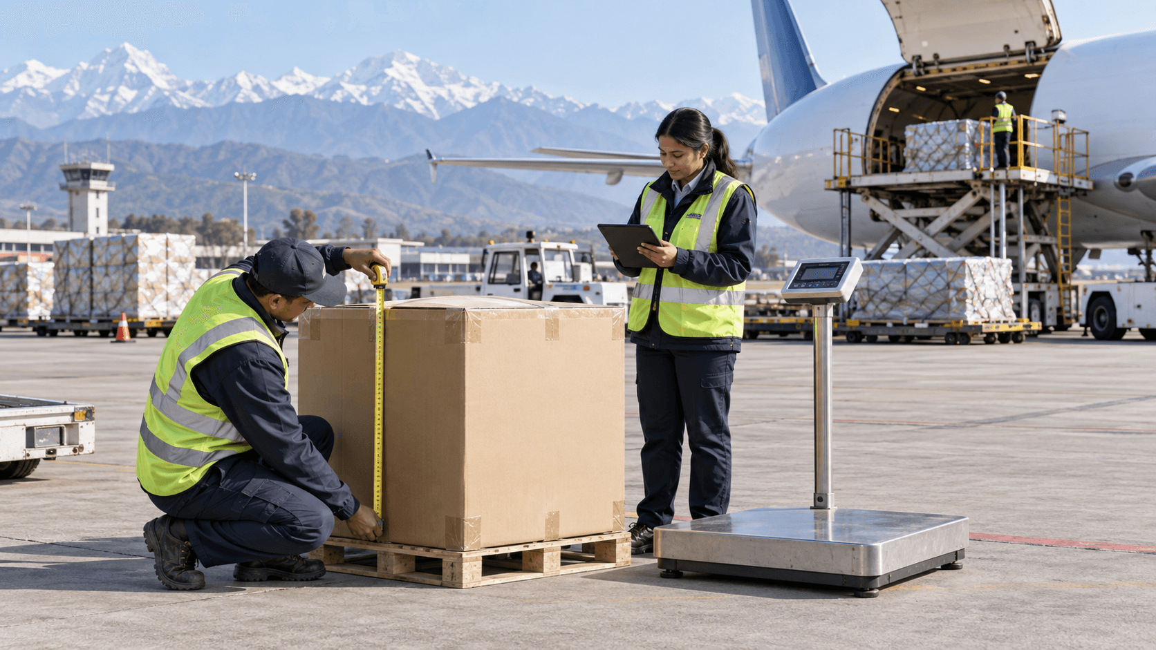 Airport cargo workers measuring a large carton beside a certified freight scale
