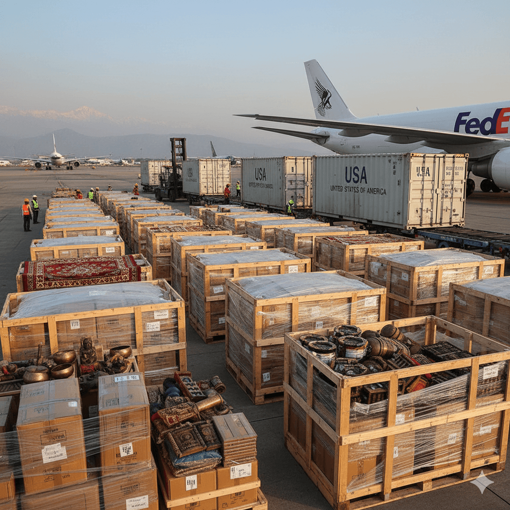 Nepalese export goods packaged and loaded for freight shipping to the United States.