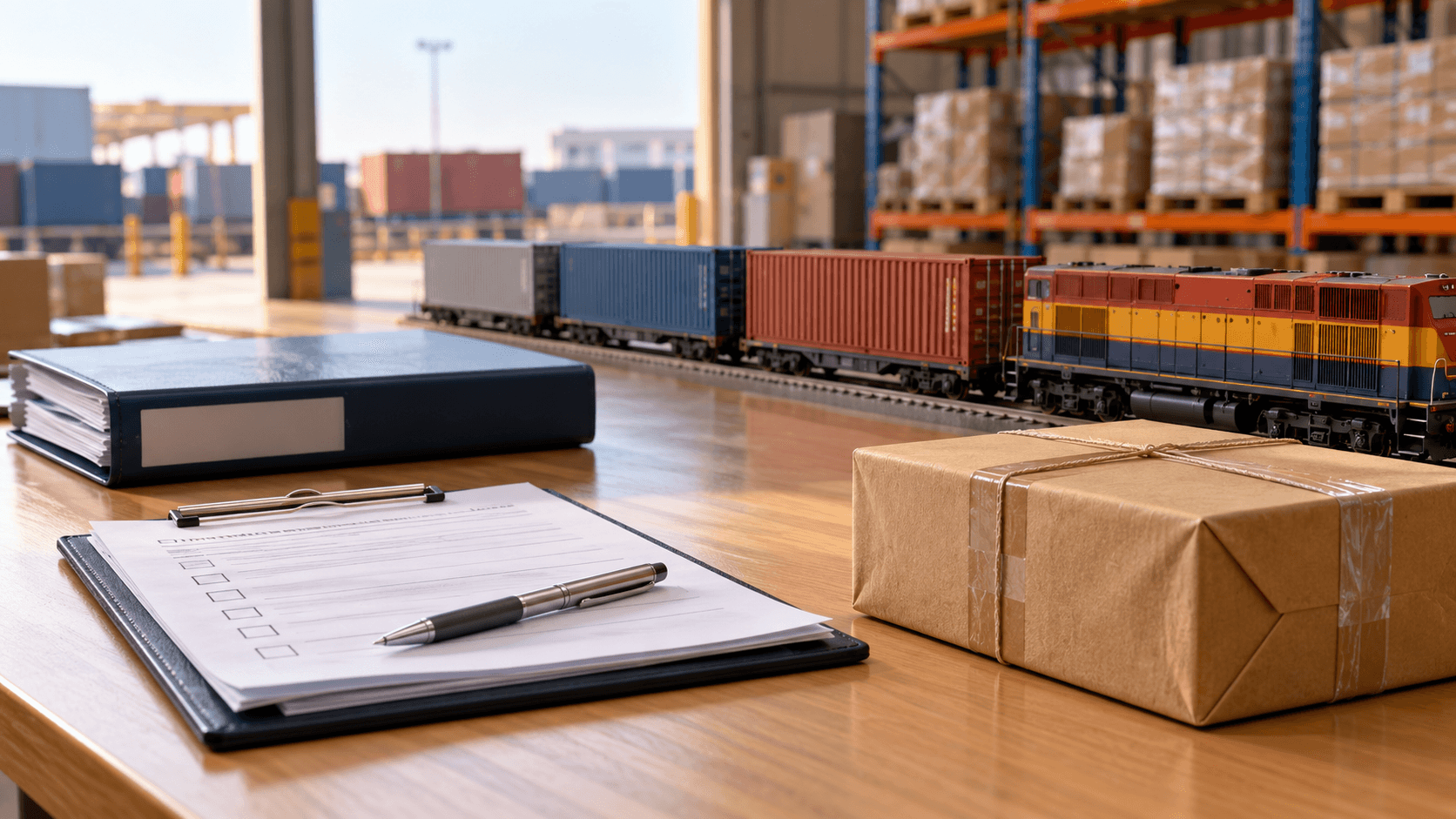 Transit cargo checklist and reference documents beside a model container train and parcel