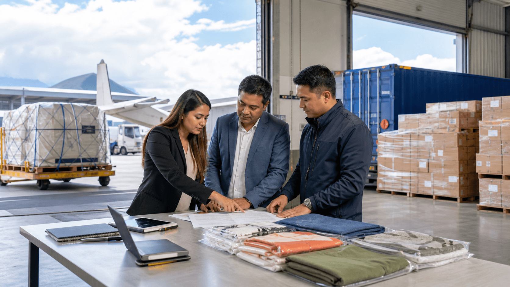Business freight team comparing air and sea cargo options for a Germany shipment