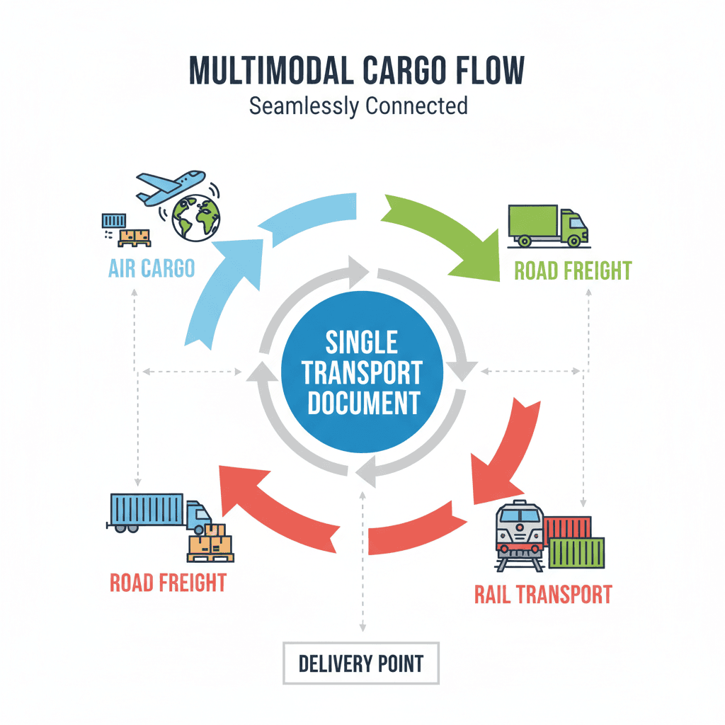 Diagram illustrating multimodal transport process linking air, road, and rail shipments.