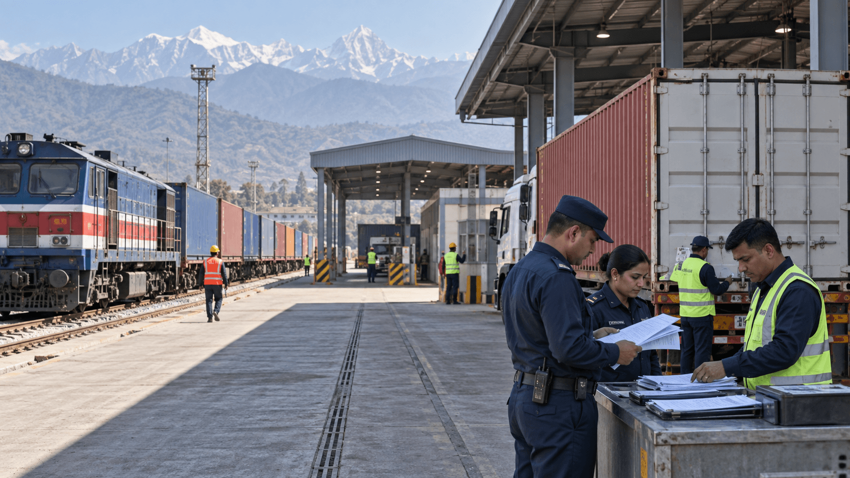Customs specialists reviewing documents beside containers at a Nepal inland dry port