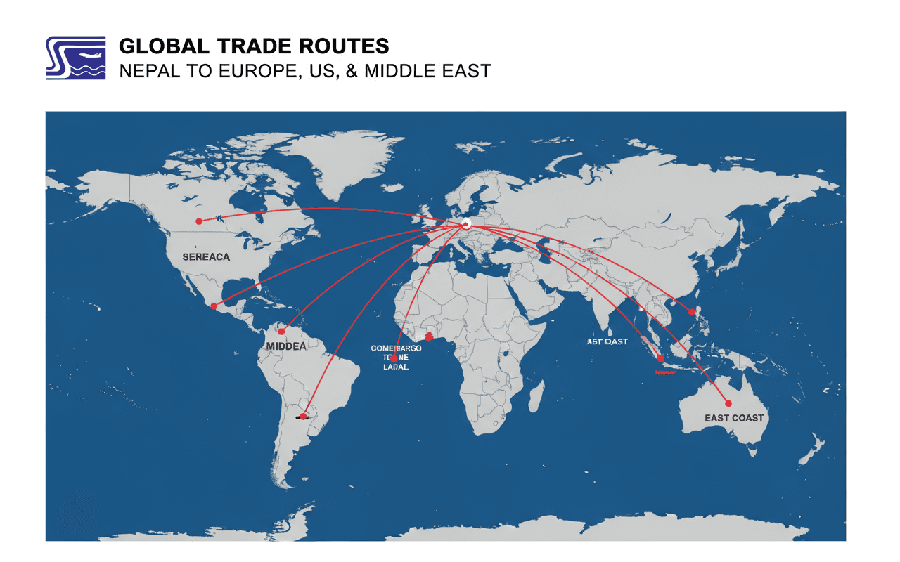 Illustration of global shipping routes linking Nepal to major export markets.