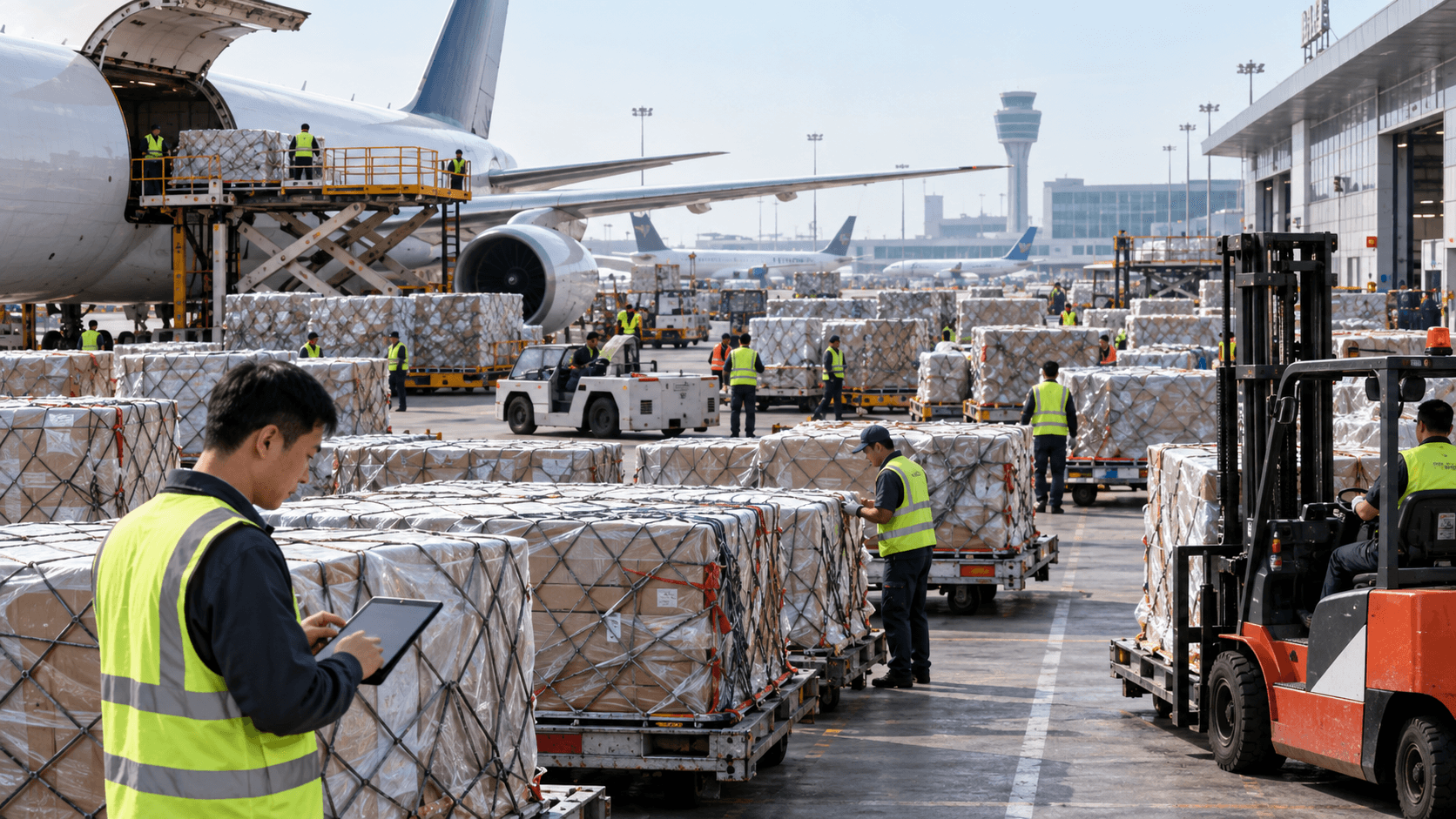 Busy Guangzhou air cargo terminal showing peak-season capacity planning