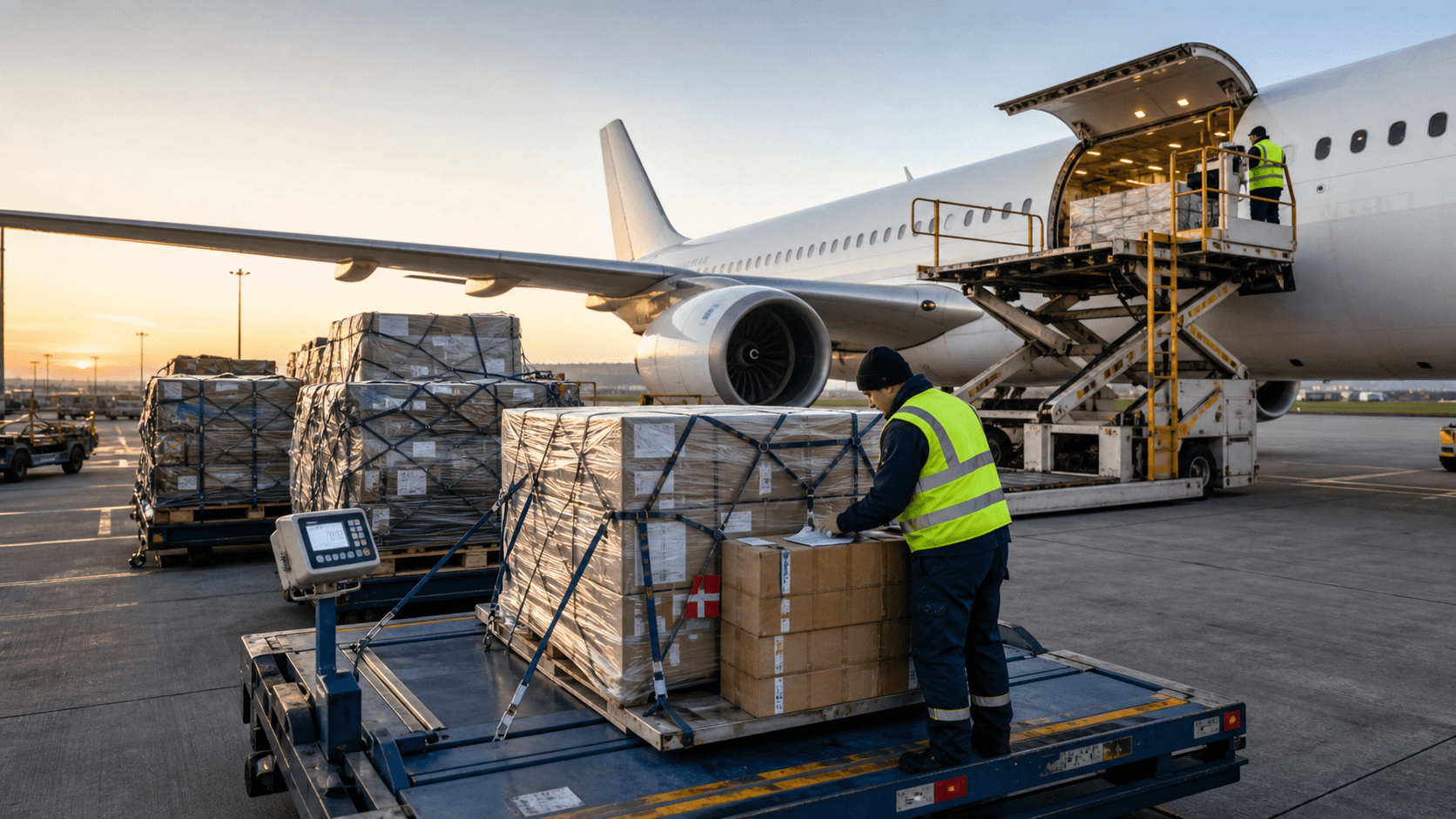 Air freight cargo pallets being prepared for urgent shipment to Denmark