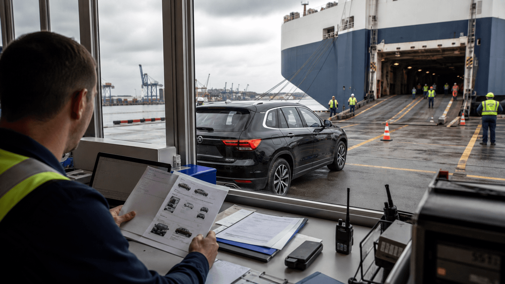 Port coordinator reviewing a RoRo vehicle condition report before vessel loading