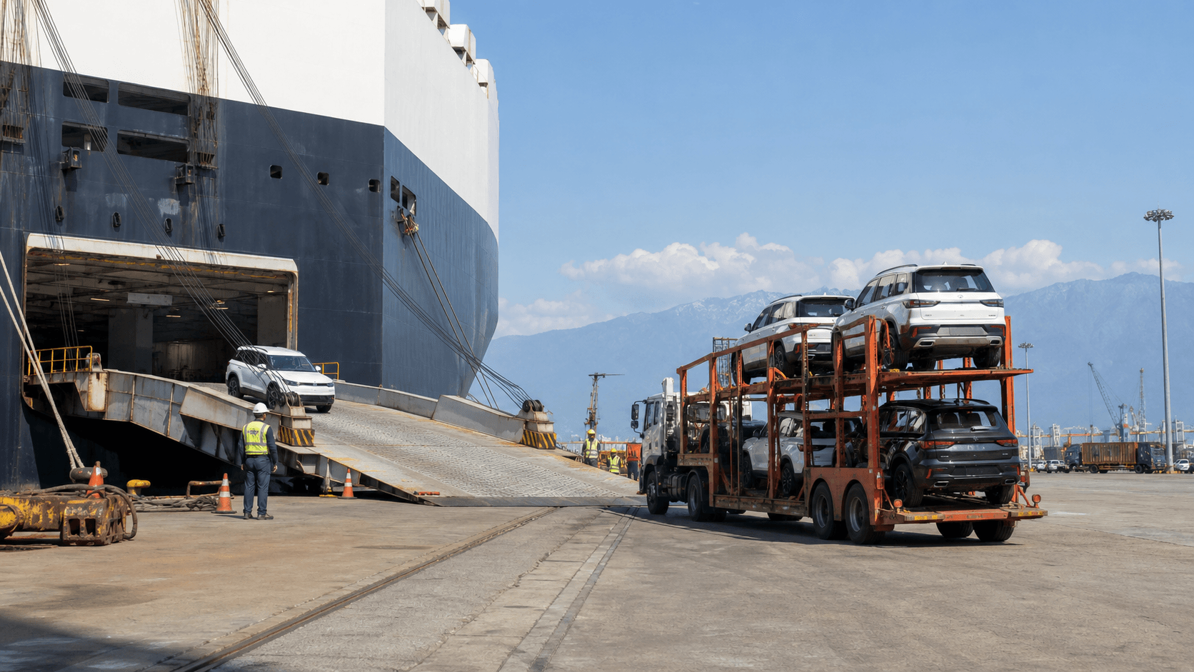 RoRo vessel unloading vehicles for onward road transport from an Indian port to Nepal