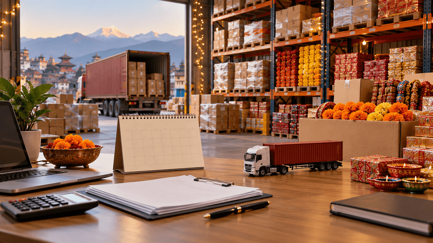 Blank planning calendar and shipping documents beside festival stock in a Nepal warehouse