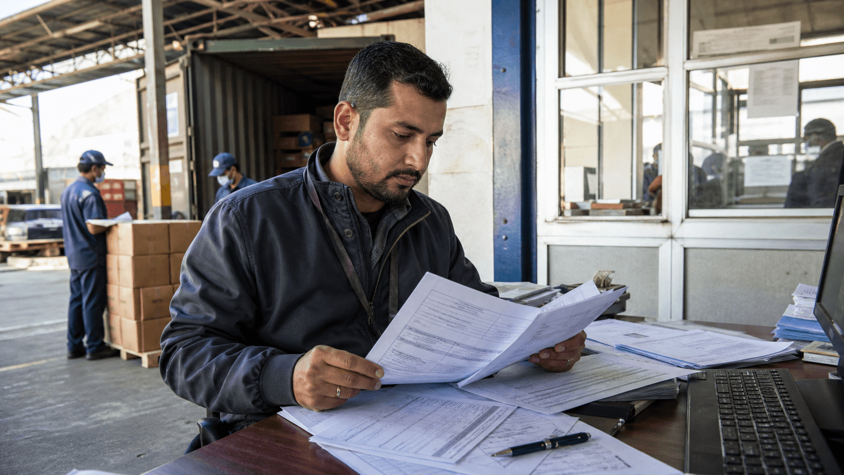 Customs documentation specialist reviewing invoices and packing details for Nepal business cargo