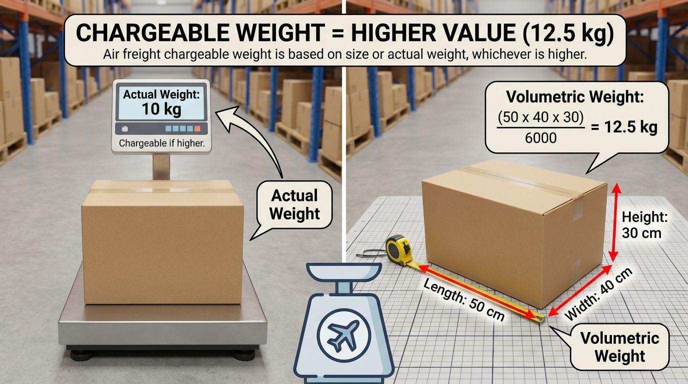 Air freight chargeable weight is based on size or actual weight, whichever is higher.
