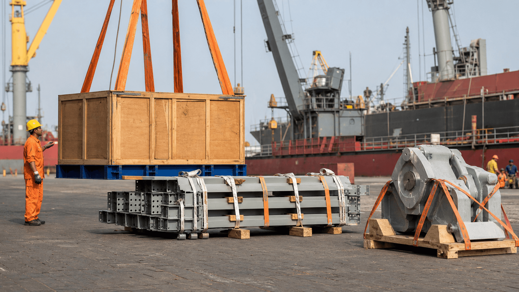 Crated machinery and steel components handled as individual breakbulk units at an Indian port