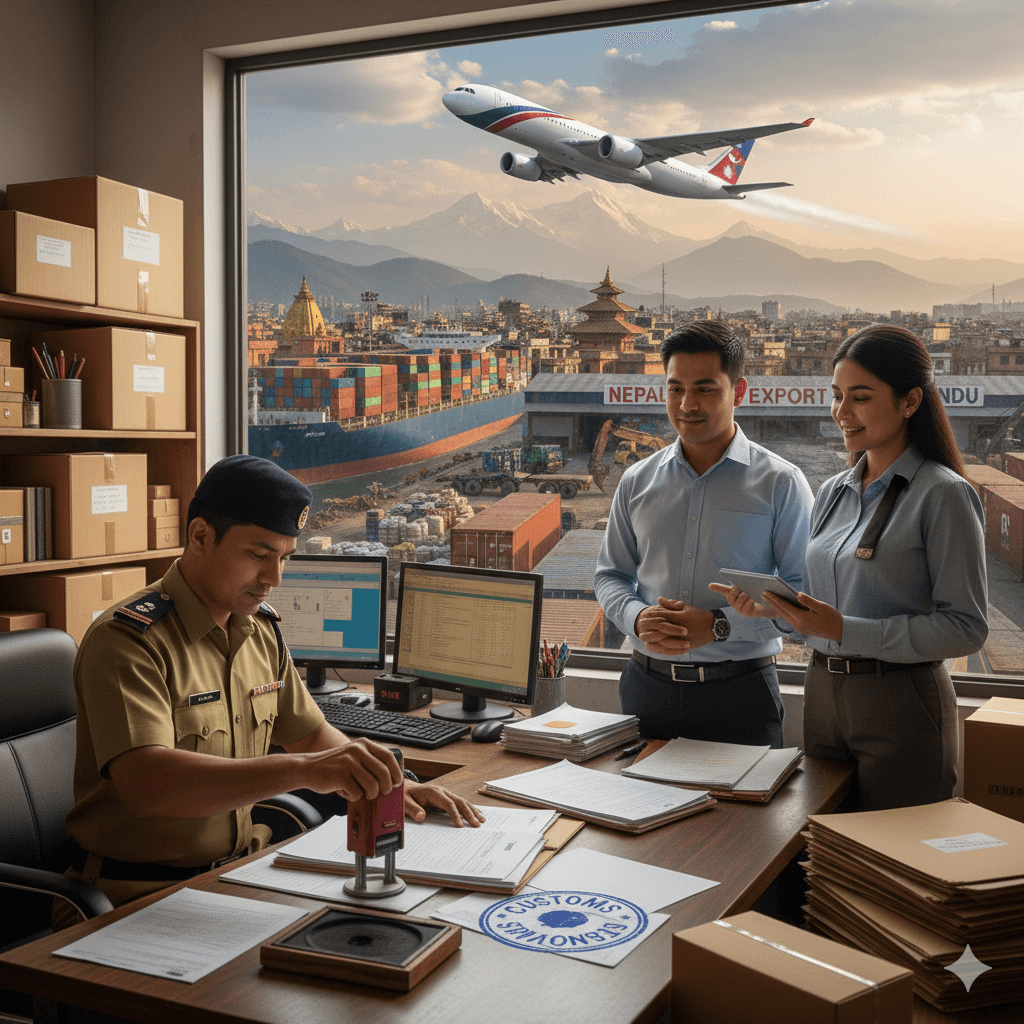 Customs clearance expert approving export paperwork at Nepal’s border.