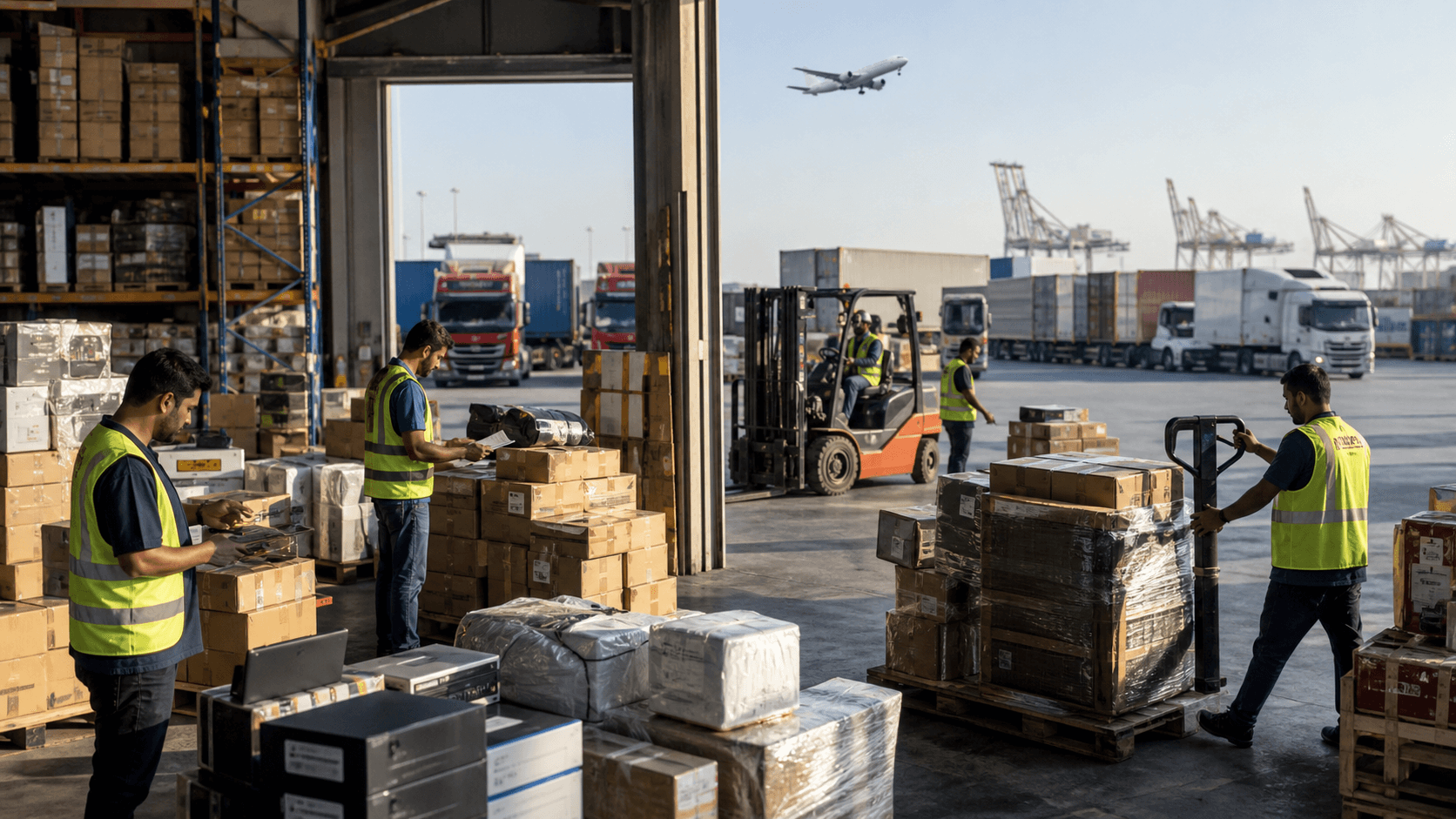 Workers consolidating mixed commercial cargo inside a busy Dubai freight warehouse