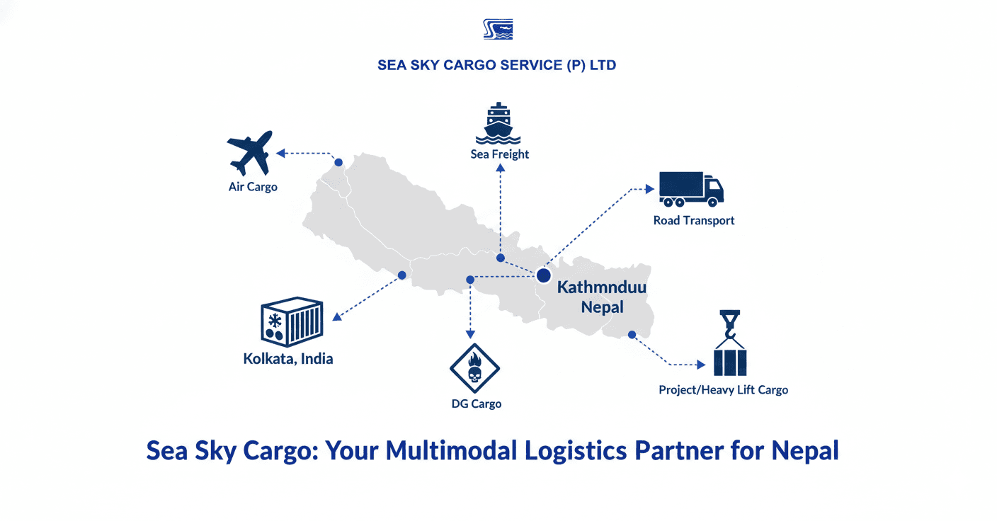 Sea Sky Cargo services icons: air, sea, road, reefer, DG, project cargo in Nepal.