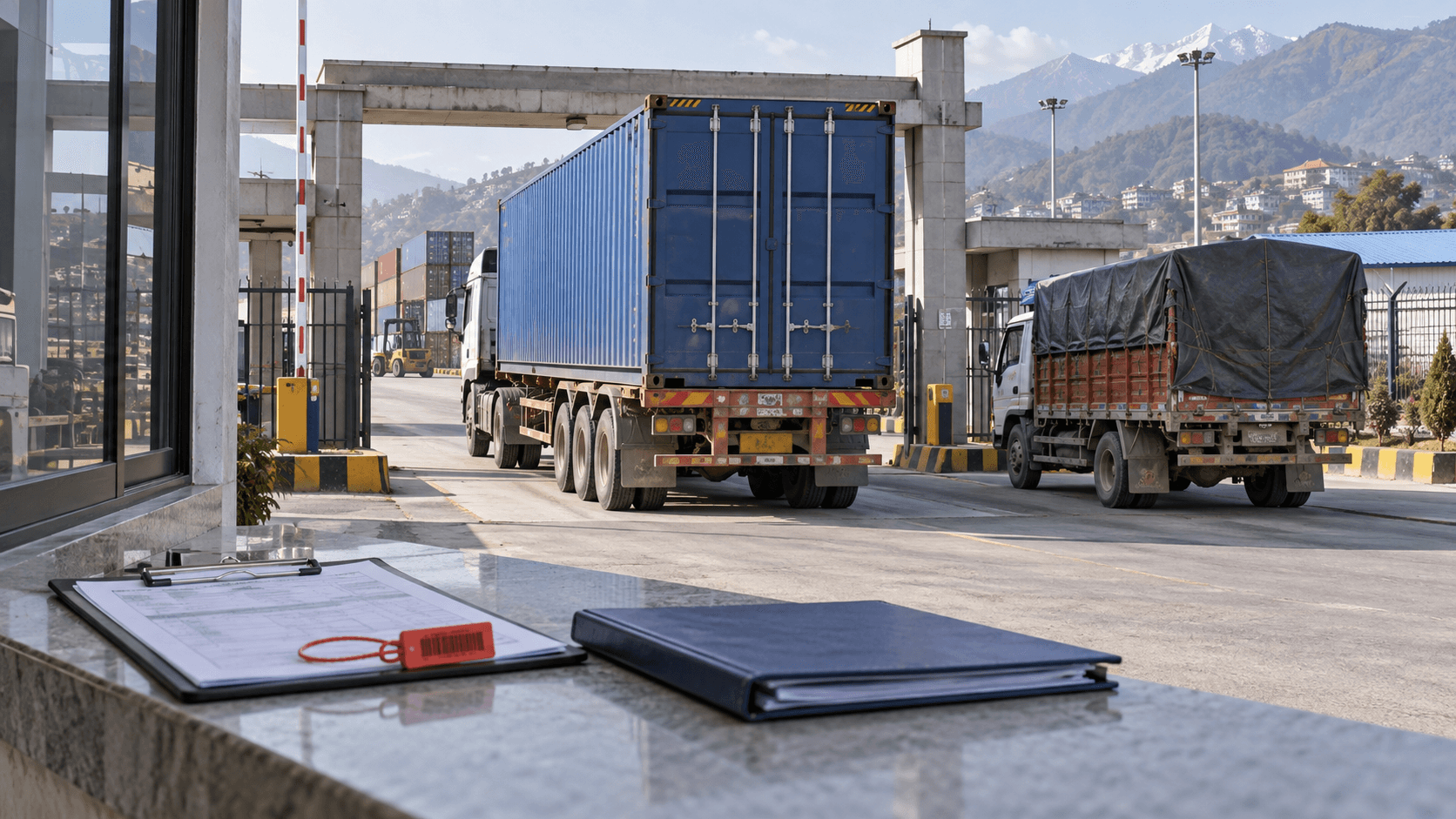 Sealed container and covered cargo truck prepared for gate-out from Birgunj ICD