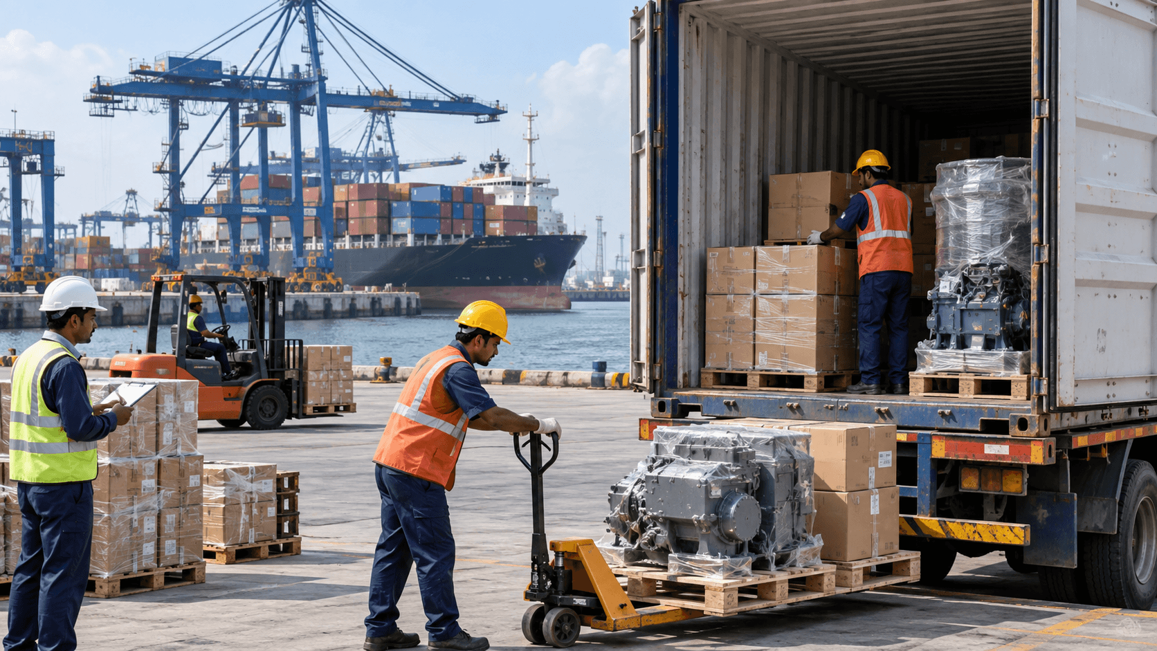 Machinery and commercial cargo being loaded at a Chennai container terminal