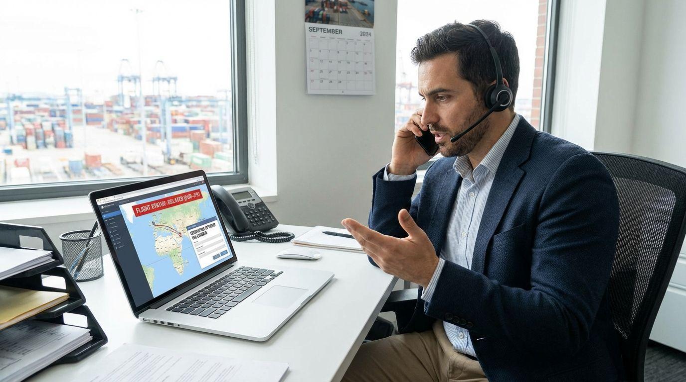 Logistics professional managing rerouting of cargo originally booked via Dubai.