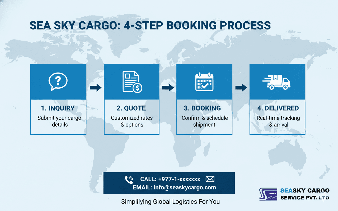 A four‑step booking graphic: “Inquiry → Quote → Booking → Delivered” with Sea Sky