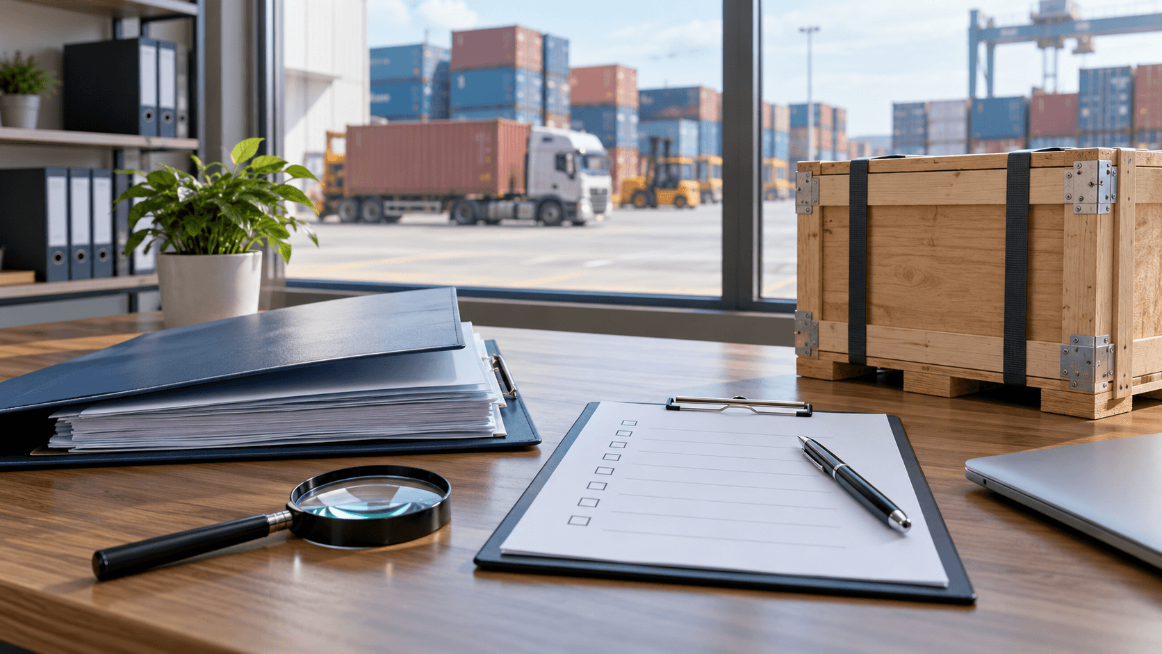Magnifying glass and review checklist beside freight paperwork and a cargo crate