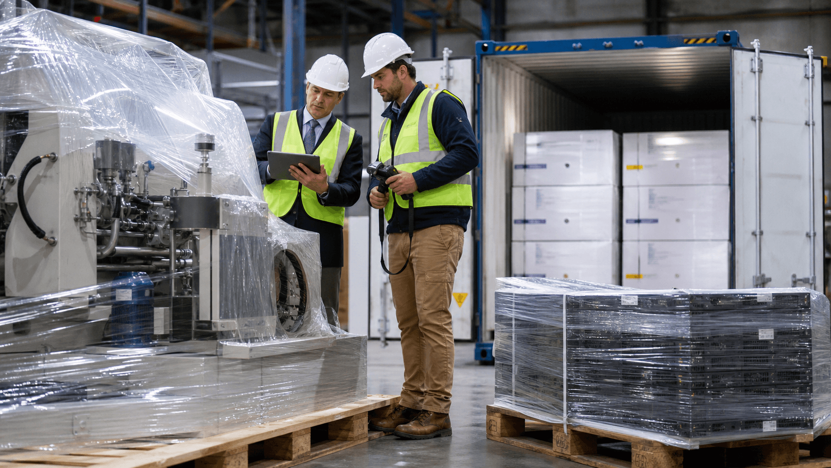 Cargo underwriter and surveyor assessing industrial machinery and electronics for insurance