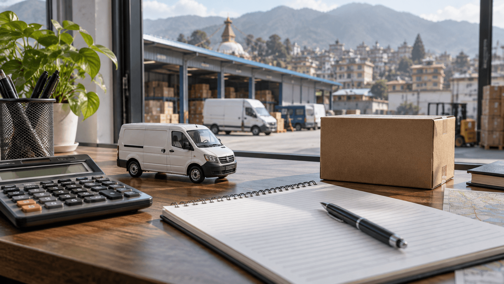 Delivery cost worksheet, calculator, model cargo van and package on a business desk