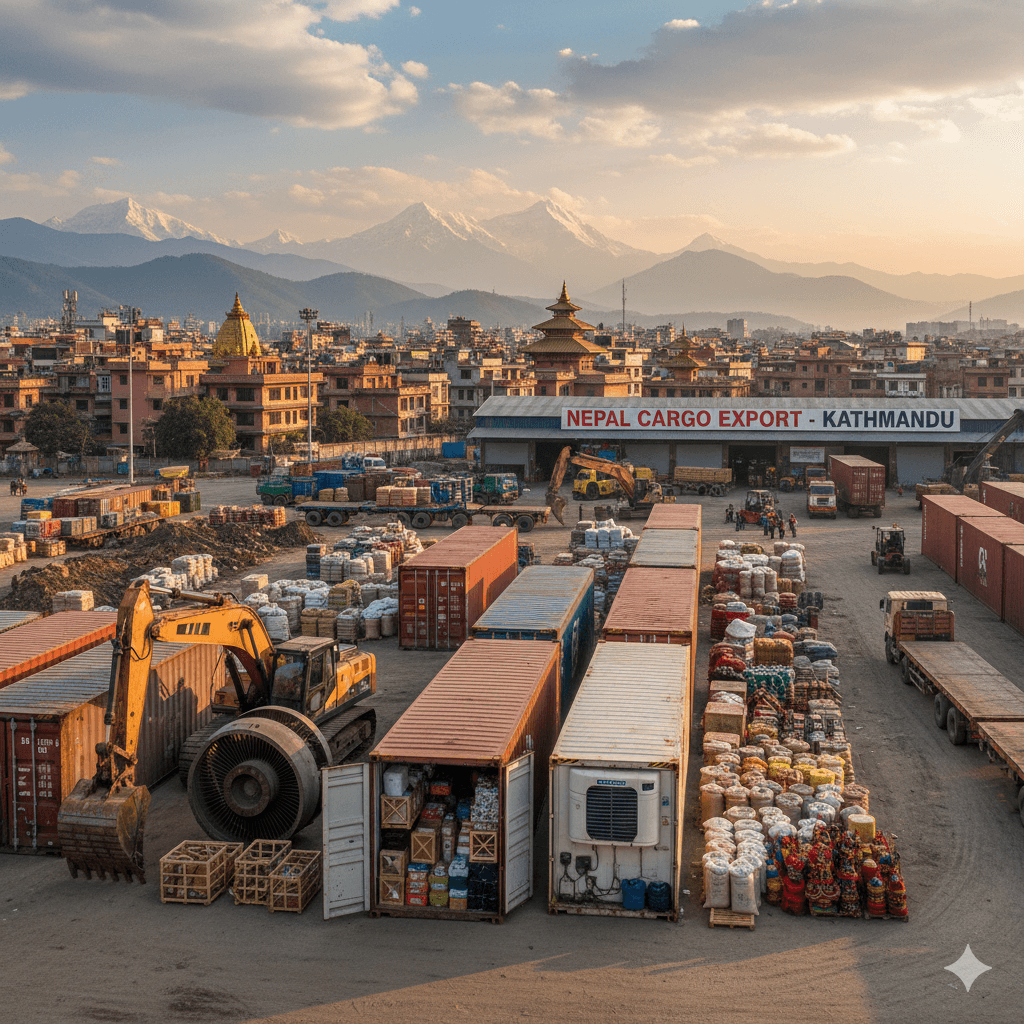 Assorted cargo shipments ready for export from Nepal, framed by Kathmandu cityscape.