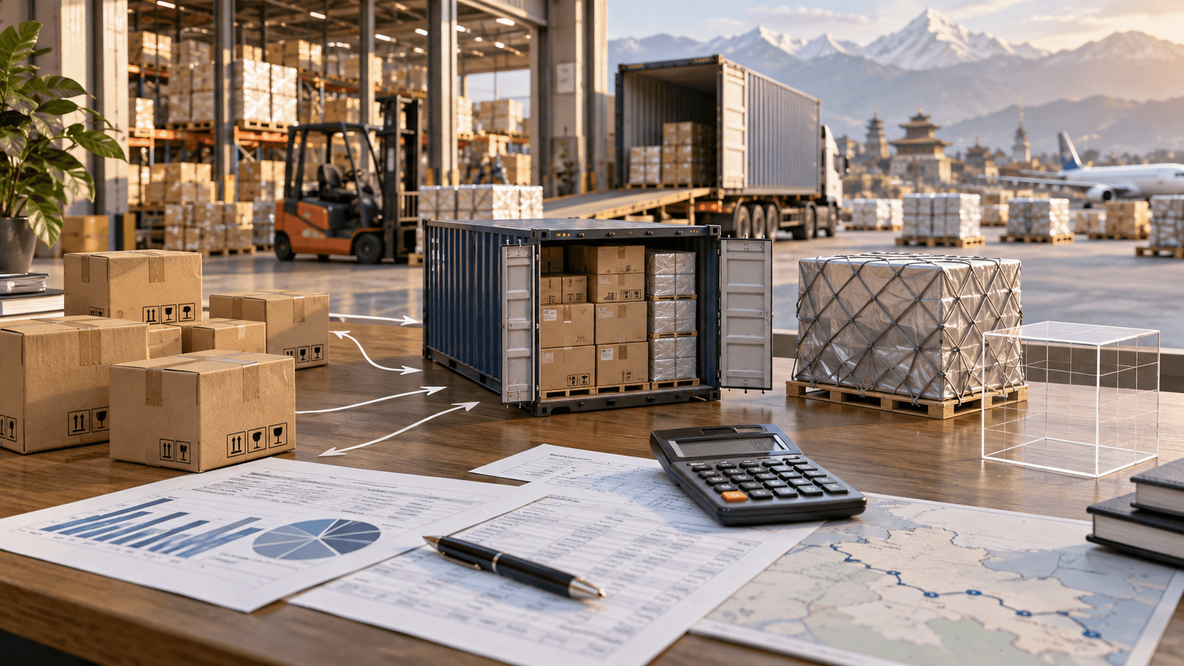 Freight consolidation cost planning with shared container air pallet and CBM measurements