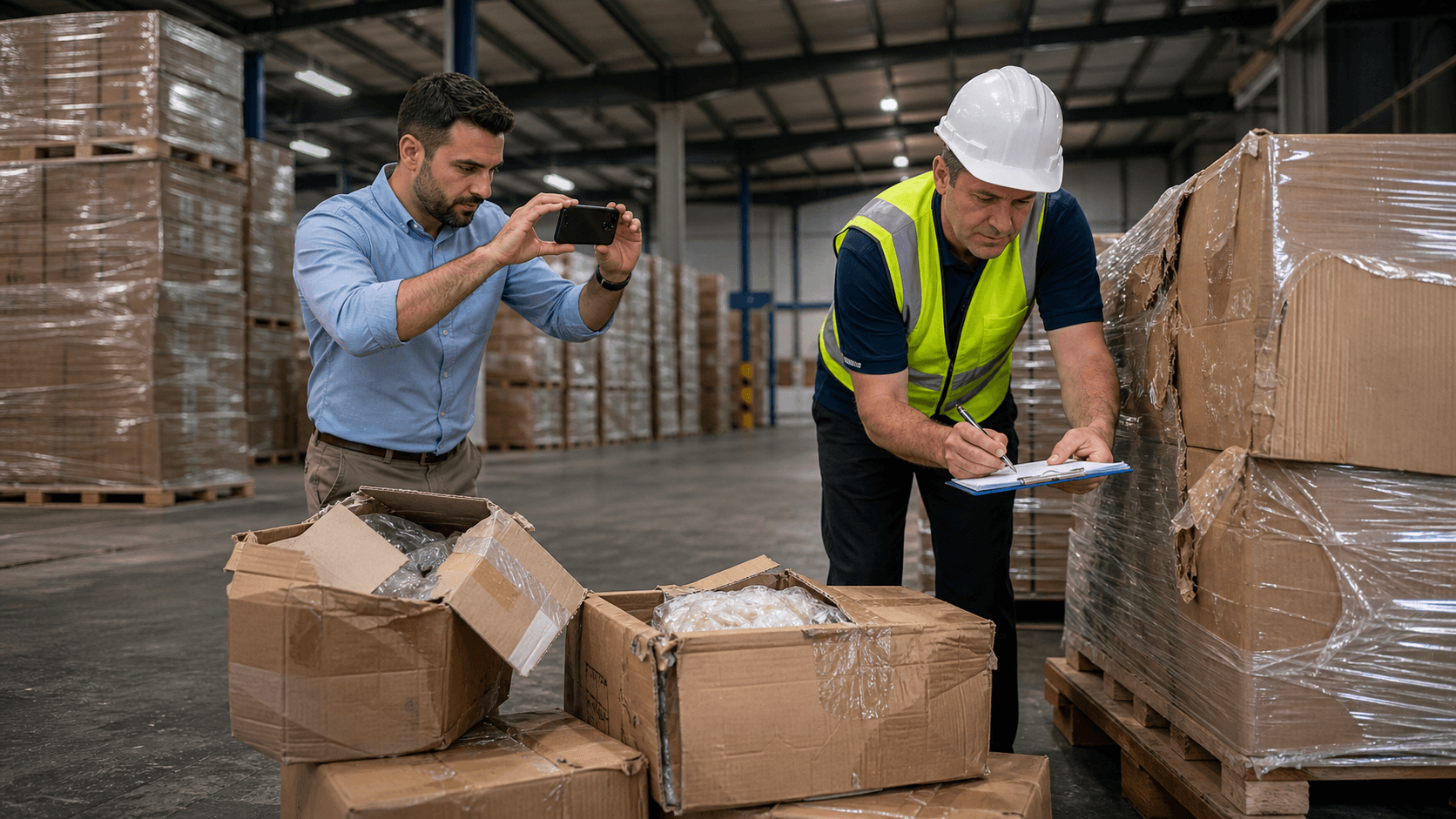 Surveyor and warehouse manager photographing damaged cartons for a cargo insurance claim