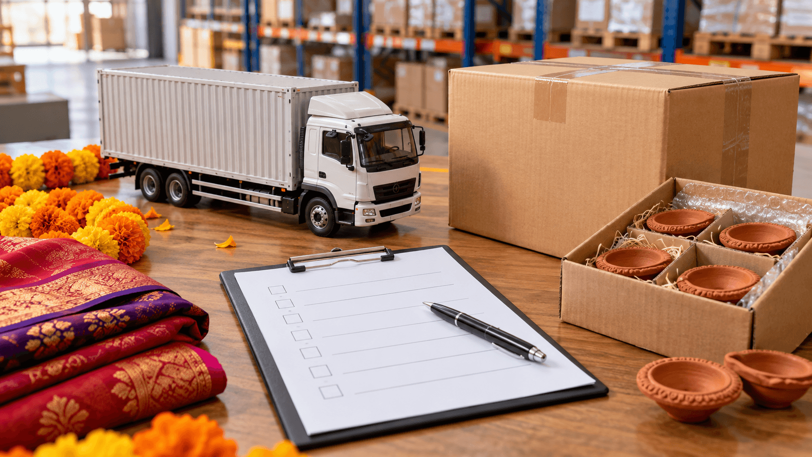 Blank festival cargo checklist, protected diya samples and model truck on a logistics desk