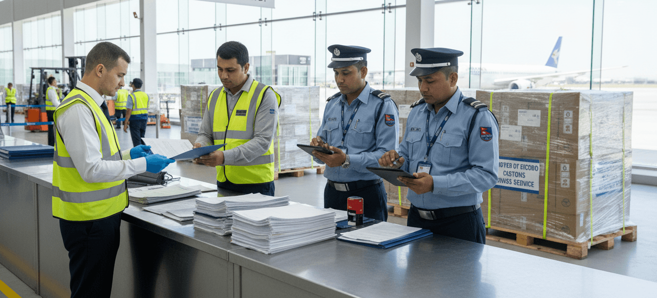 Sea Sky team coordinating Importer of Record customs clearance at Kathmandu airport.
