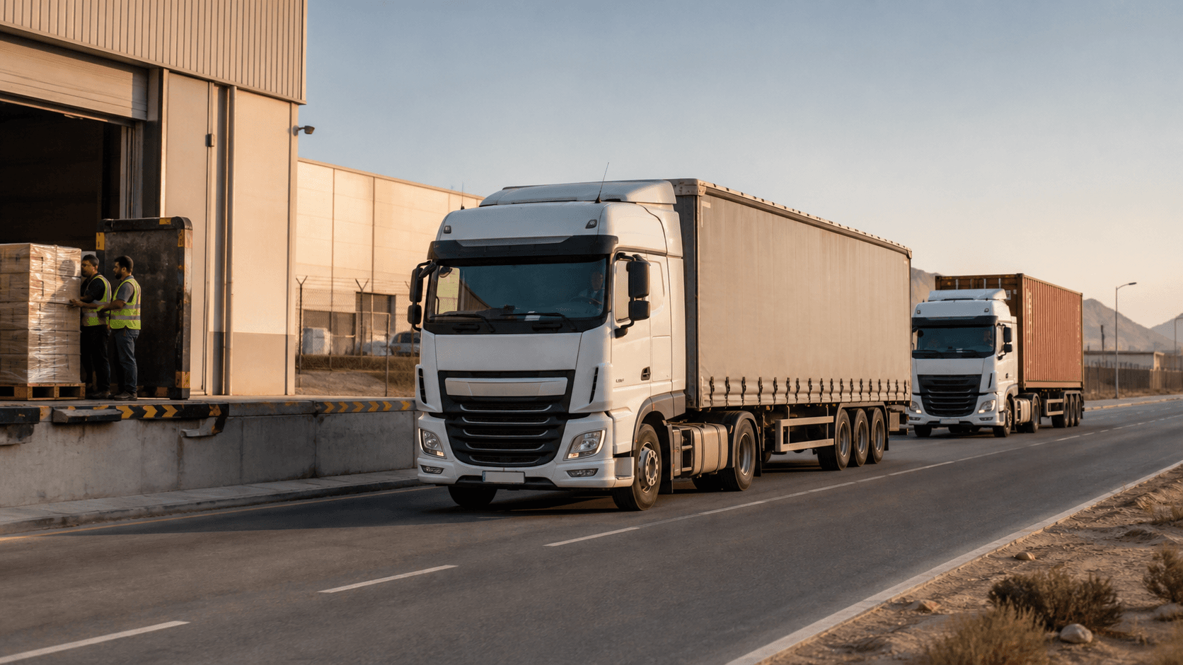 Commercial freight trucks leaving a Dubai warehouse for airport port and regional connections