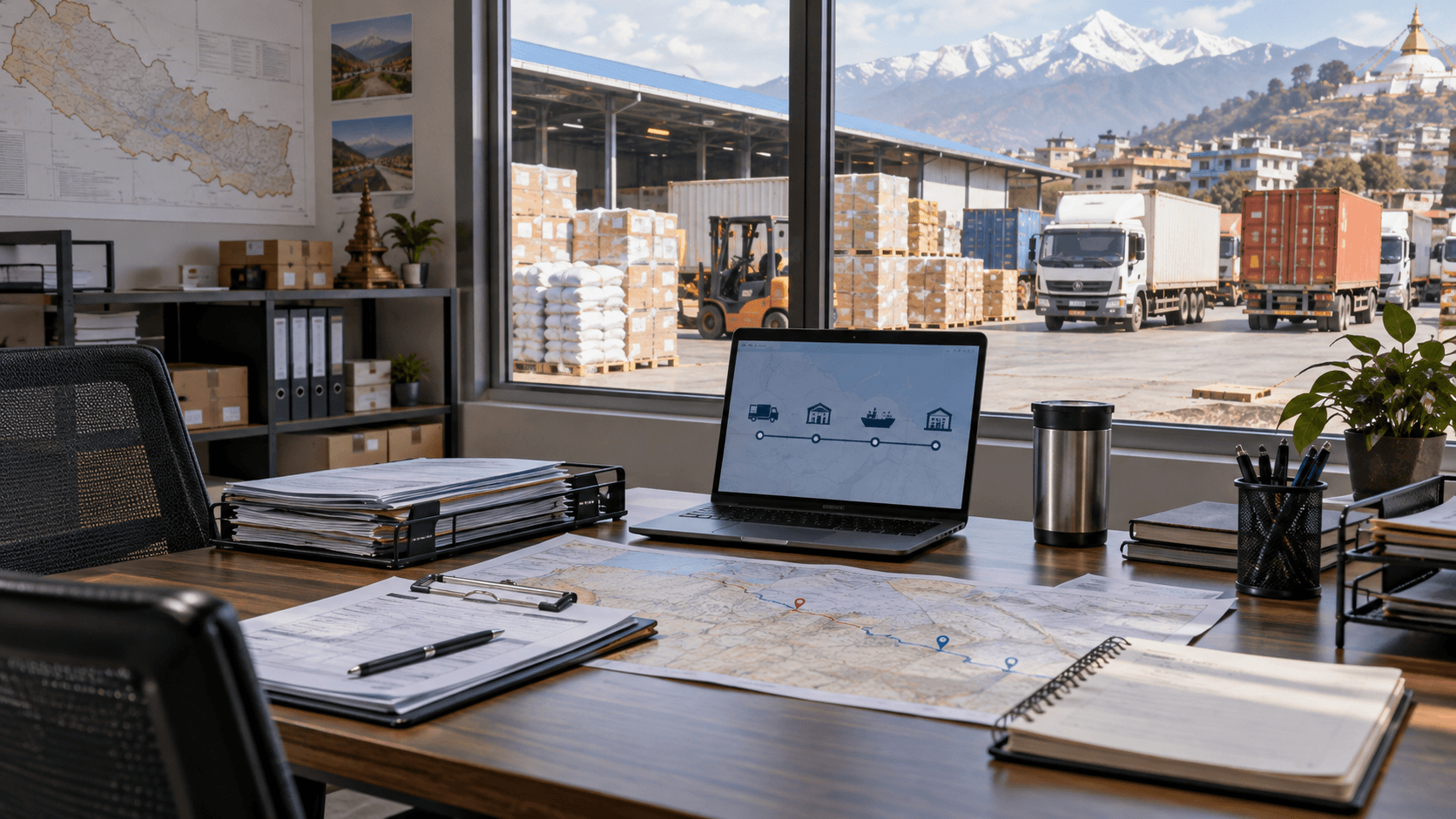 Freight coordination desk overlooking business cargo pallets and warehouse delivery trucks