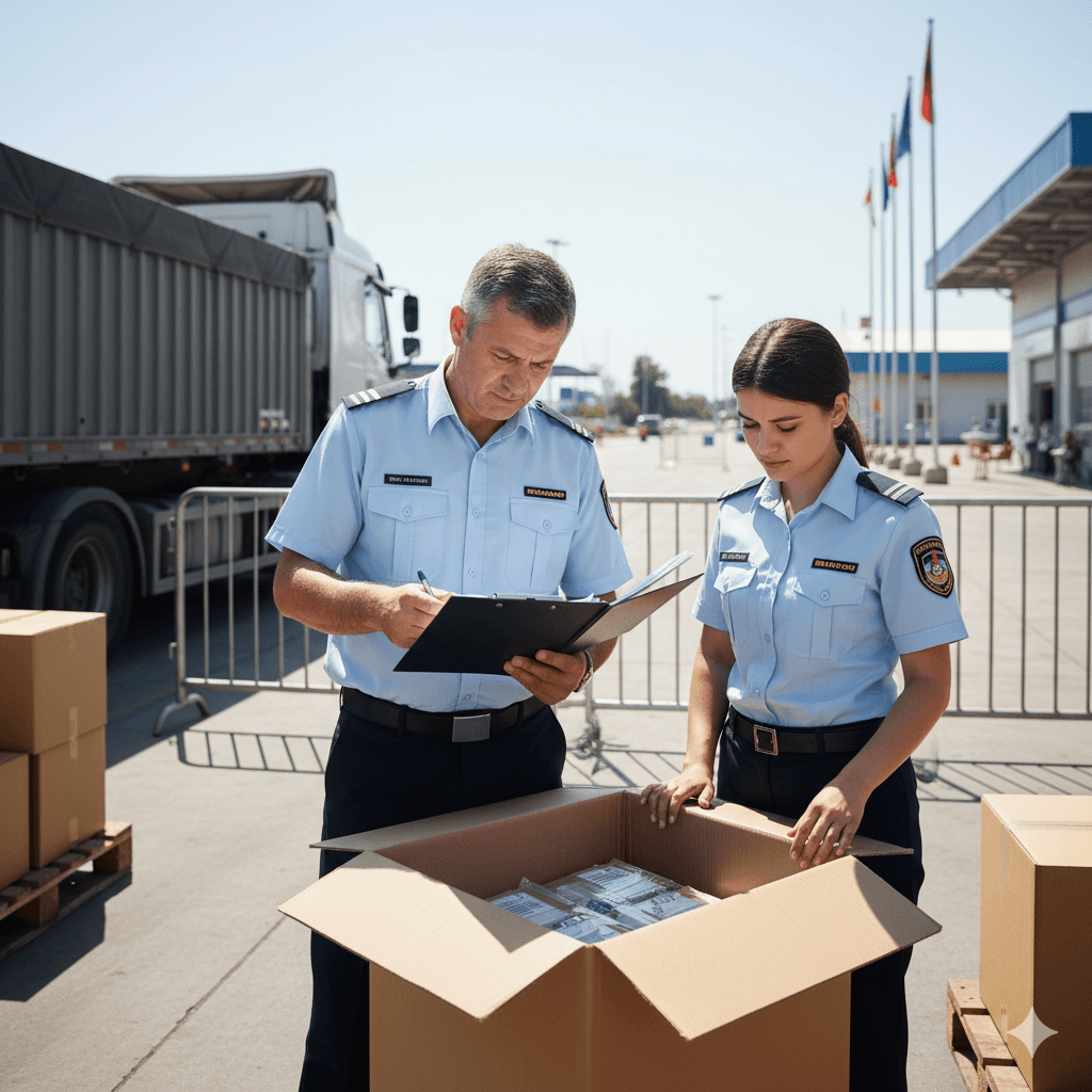 Customs officials inspecting shipment documents and cargo at an international border.
