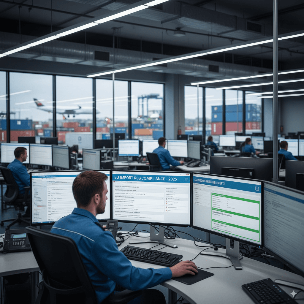 Customs desks in EU with digital screens displaying updated import documentation demands.