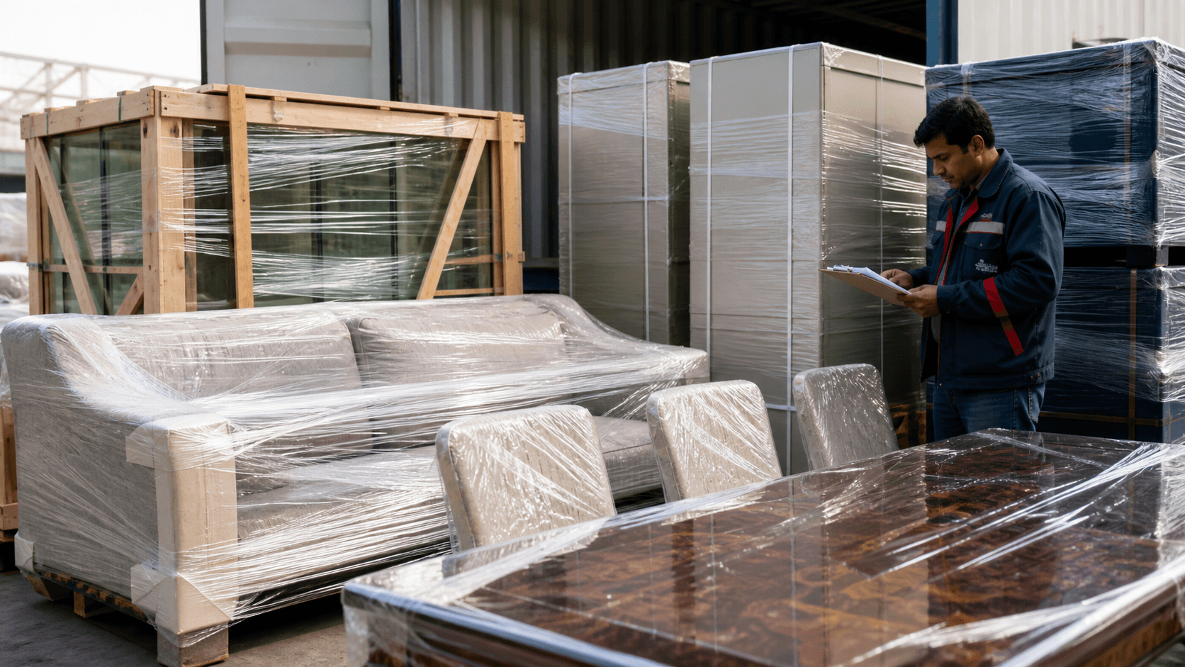 Wrapped furniture cartons and wooden crates prepared for protected cargo movement to Nepal