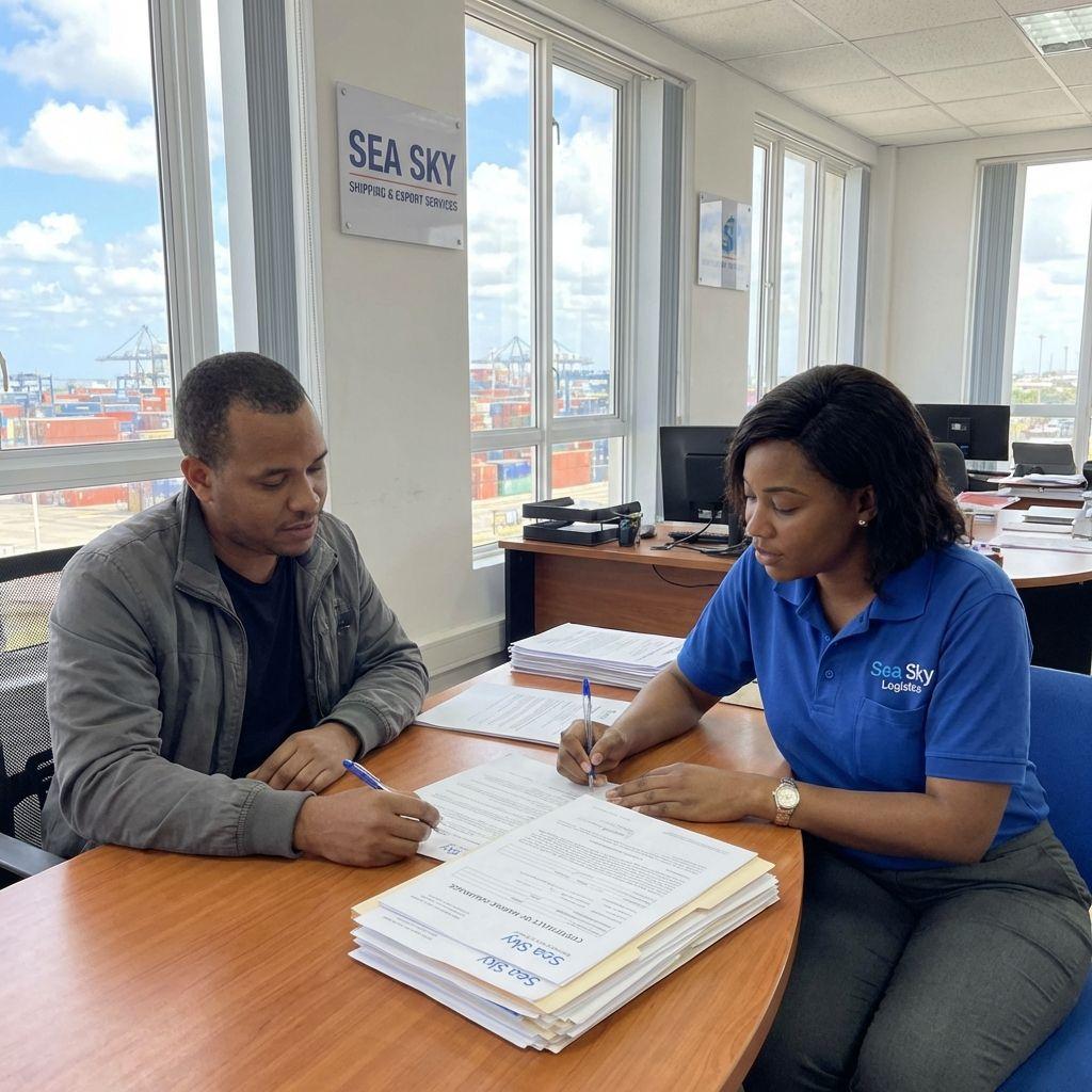 Sea Sky agent helps client complete shipping and insurance paperwork for export.