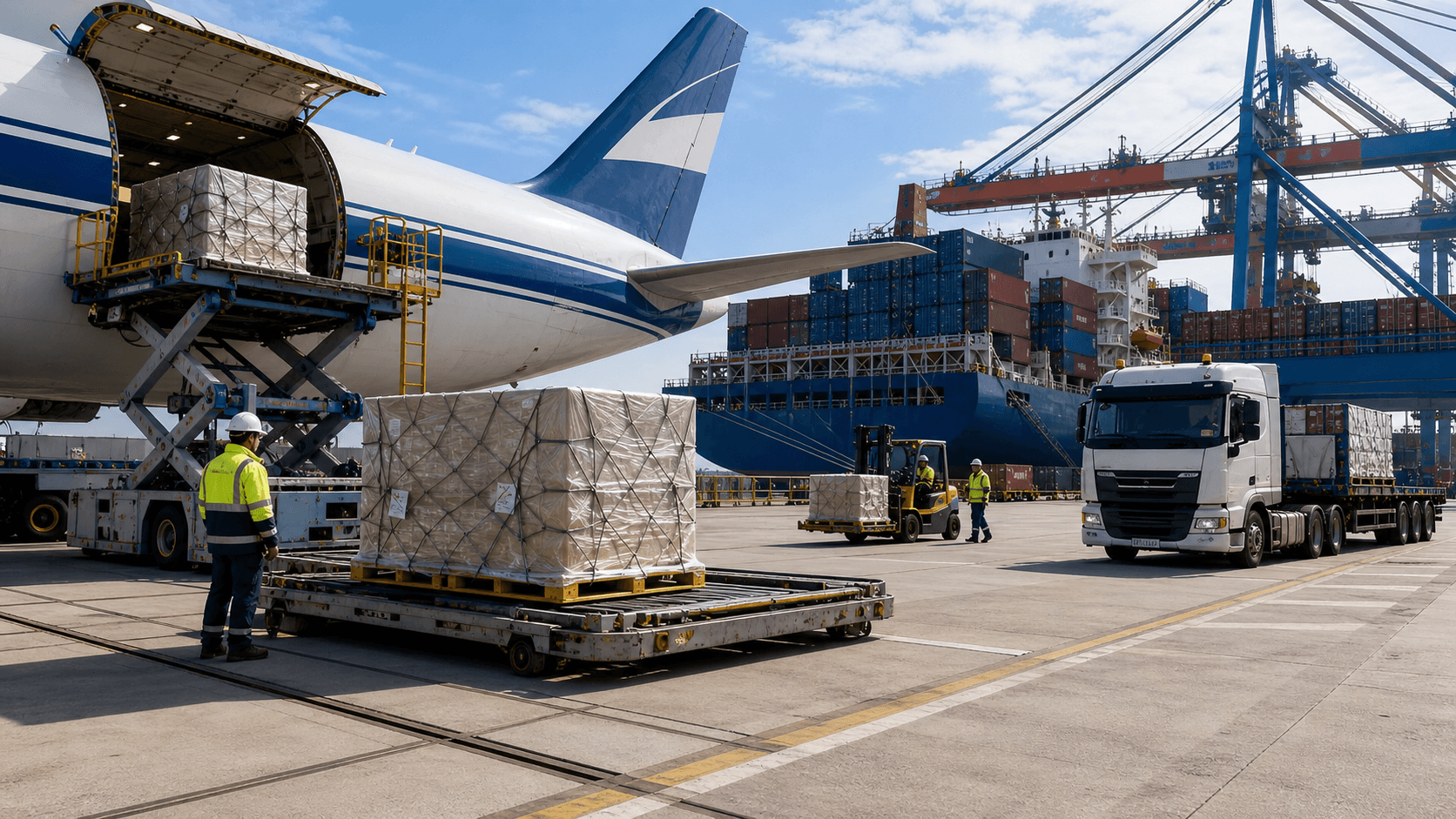 Palletized cargo moving through connected air sea and road freight operations