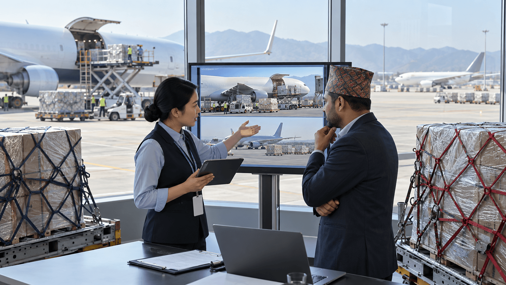 Guangzhou cargo coordinator comparing aircraft loading options with a Nepal importer