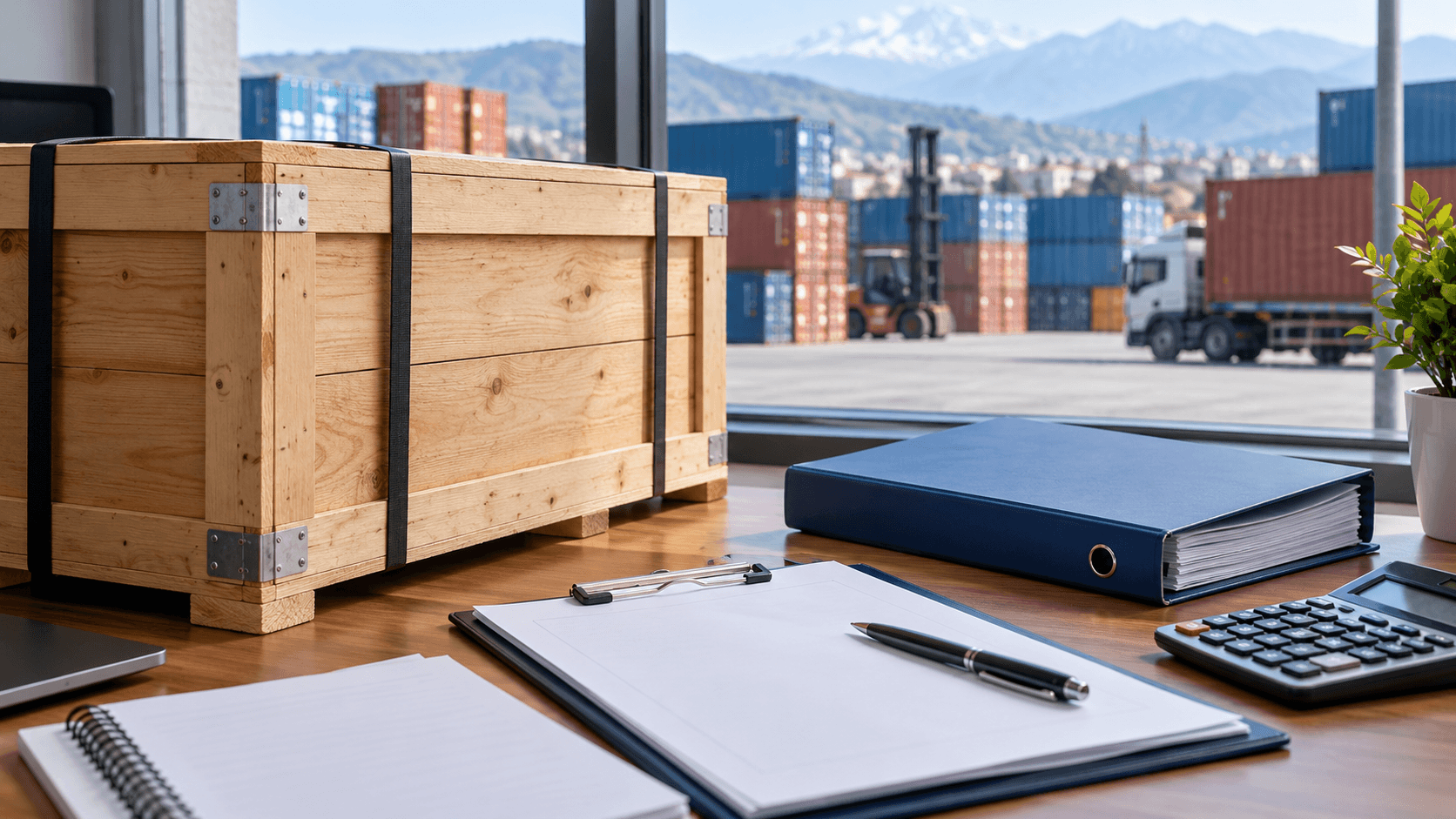 Insurance folder, calculator and plain shipment papers beside a protected cargo crate