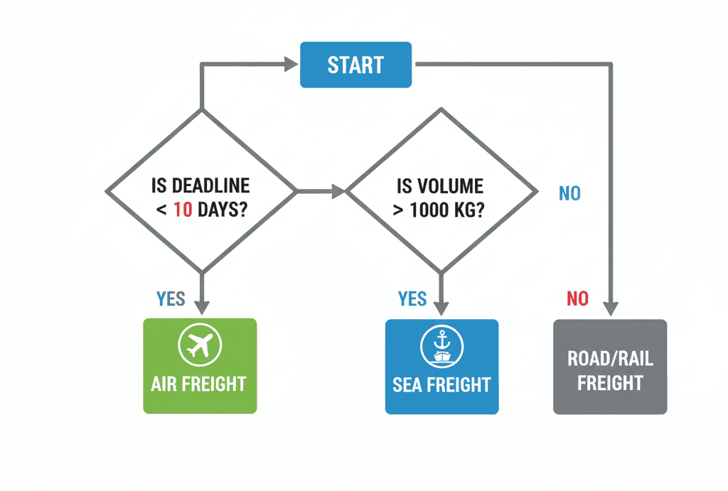 Decision tree for choosing between air and sea freight based on shipment parameters.