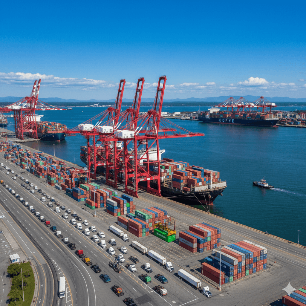 Port of Charleston intermodal yard with containers and ships.