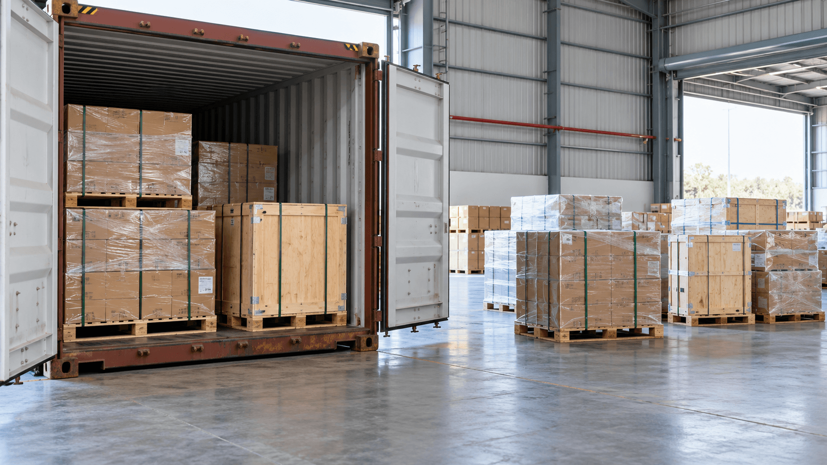 Dedicated shipping container beside separated marked pallet groups in a consolidation warehouse
