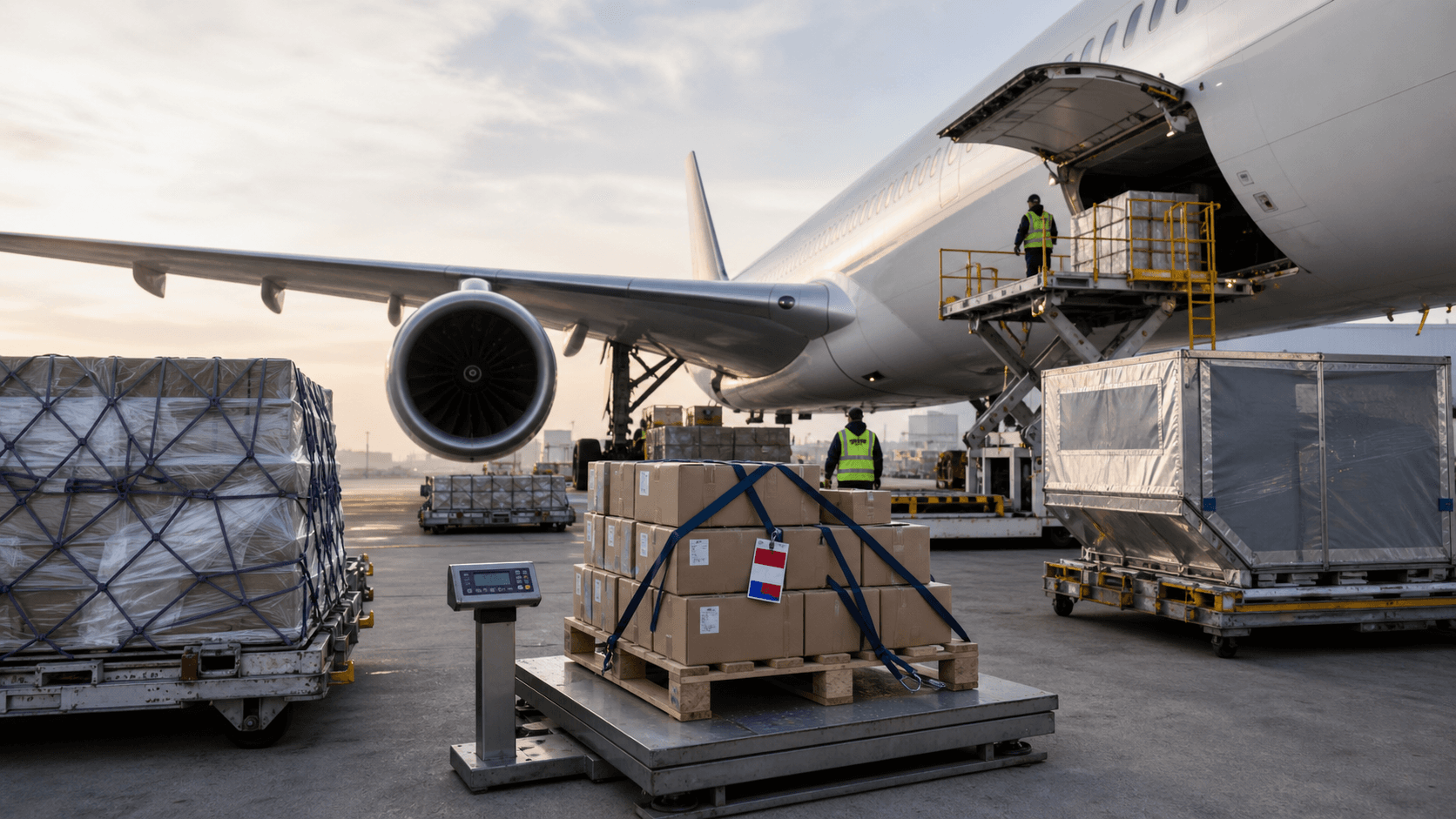 Air cargo pallets being prepared for urgent freight shipment to Netherlands