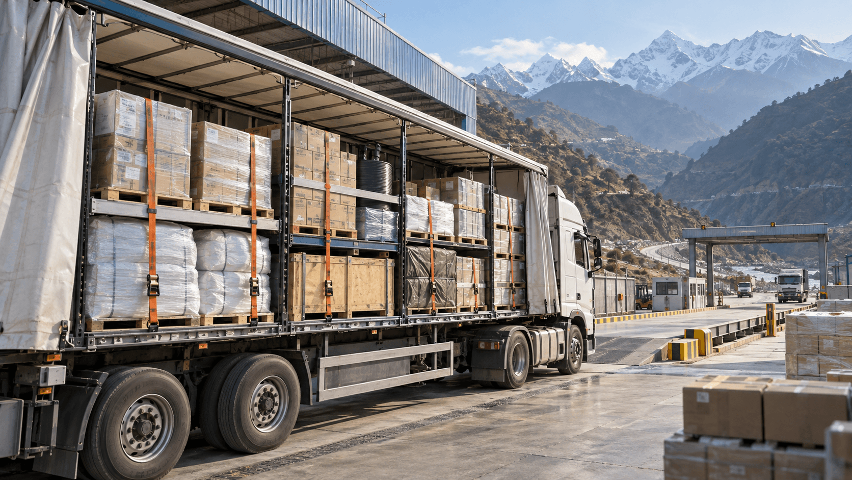 Regional road groupage truck carrying separated small consignments toward Nepal