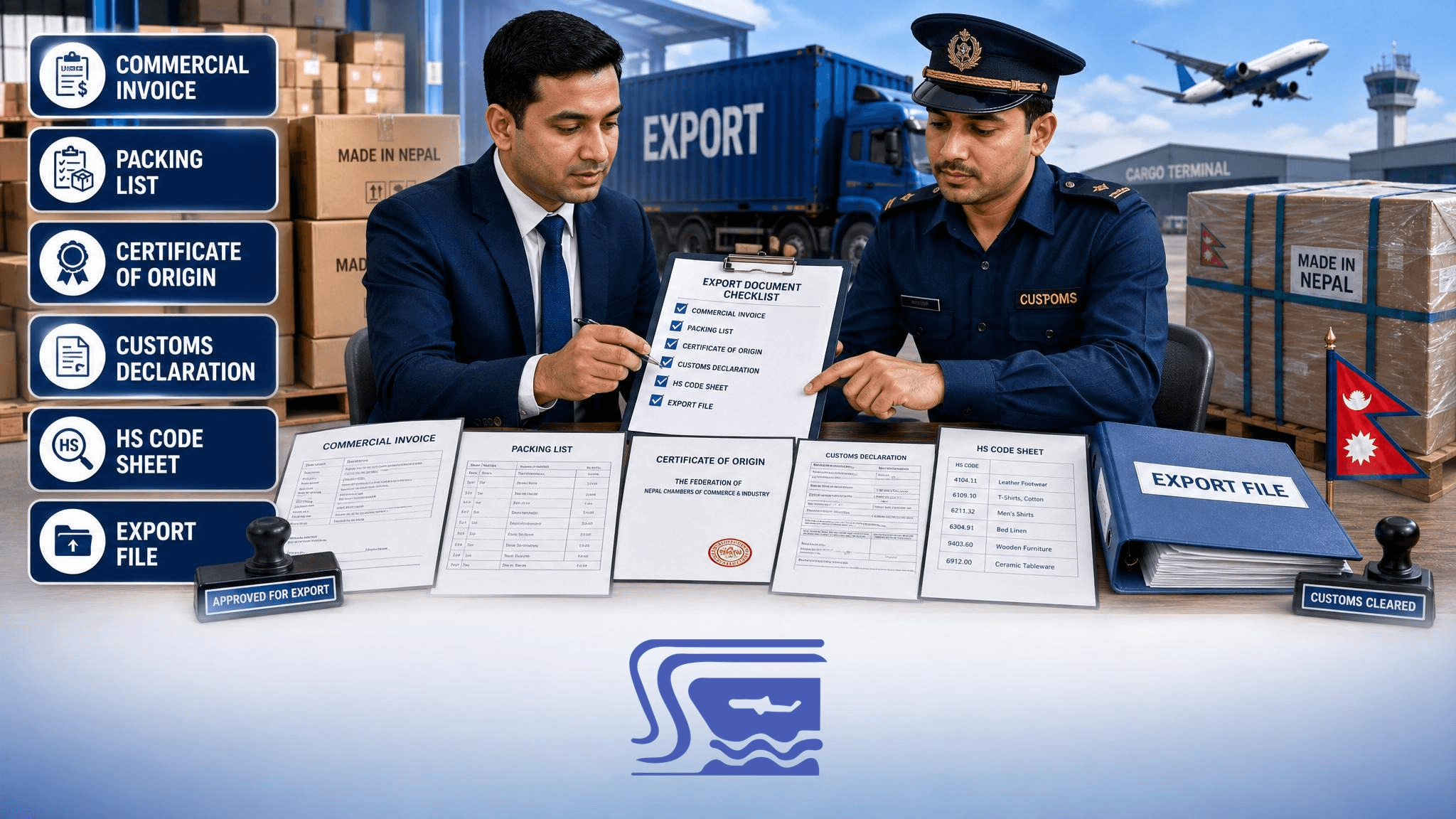 Customs and document handling scene showing the paperwork side of Nepal export shipping.