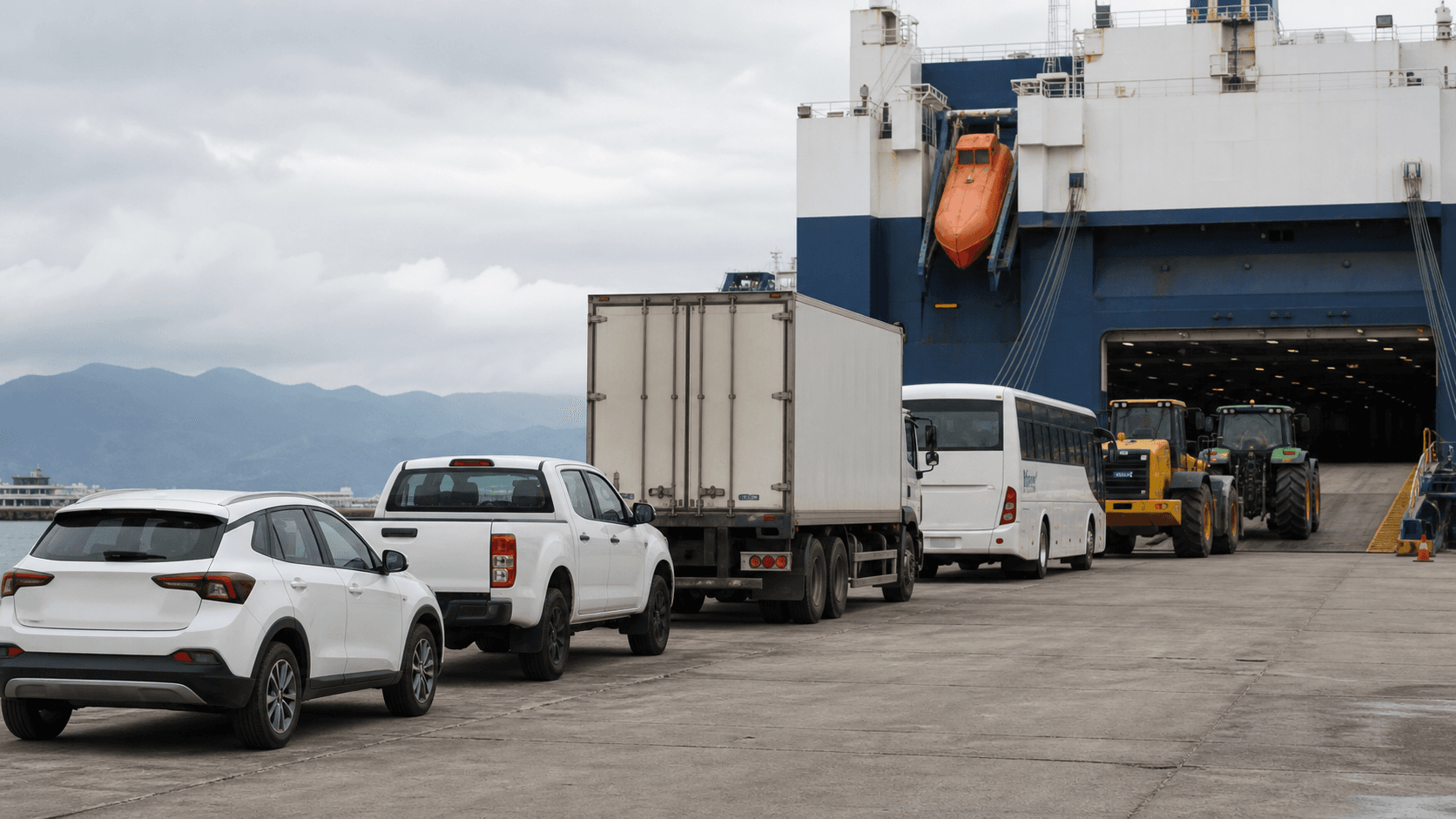Cars trucks bus tractor and wheeled machinery staged for RoRo cargo loading
