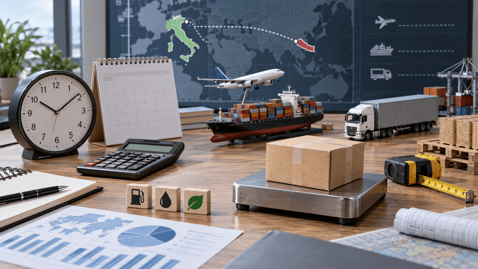 Air and sea freight timeline with cargo weight volume port and customs cost factors