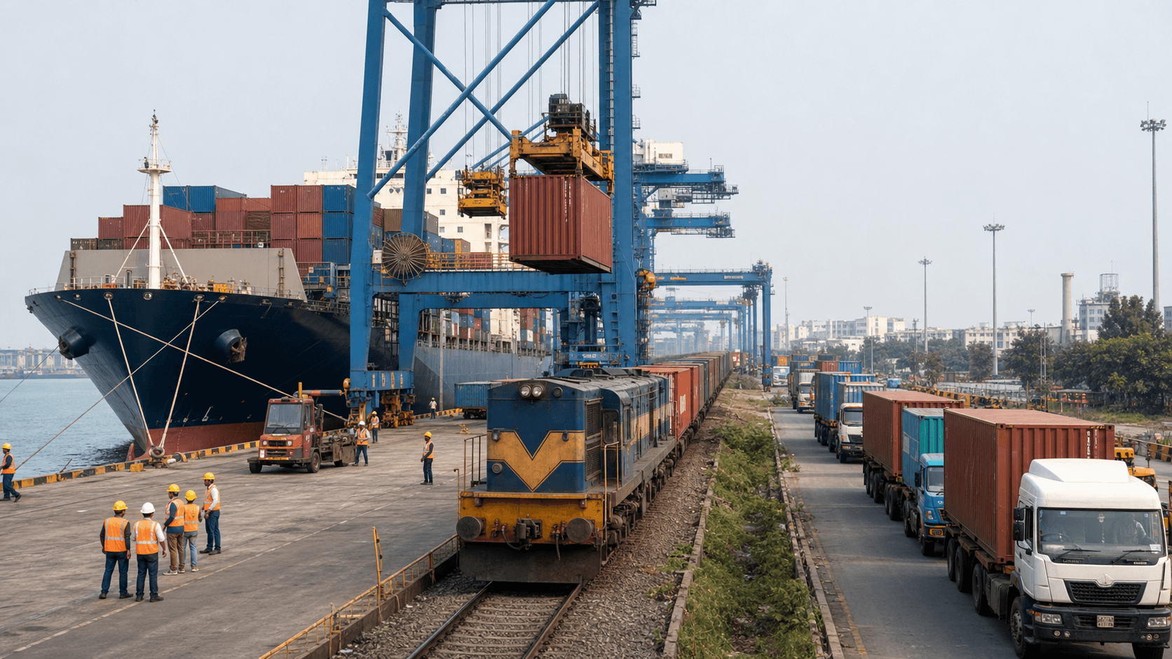 Container transferring between a cargo ship, freight train and truck on a Nepal-linked route