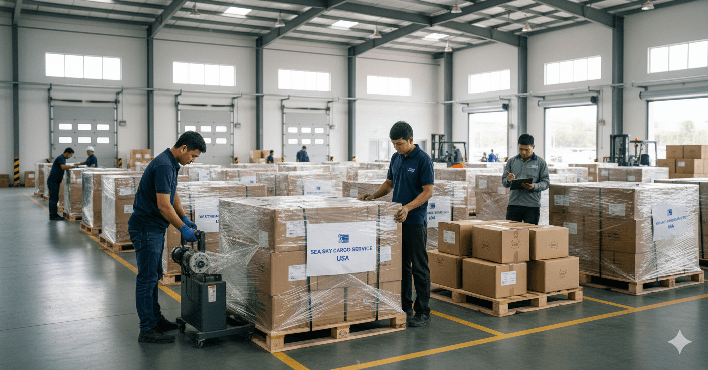 Properly packed and labeled pallets ready for freight from Nepal to USA.